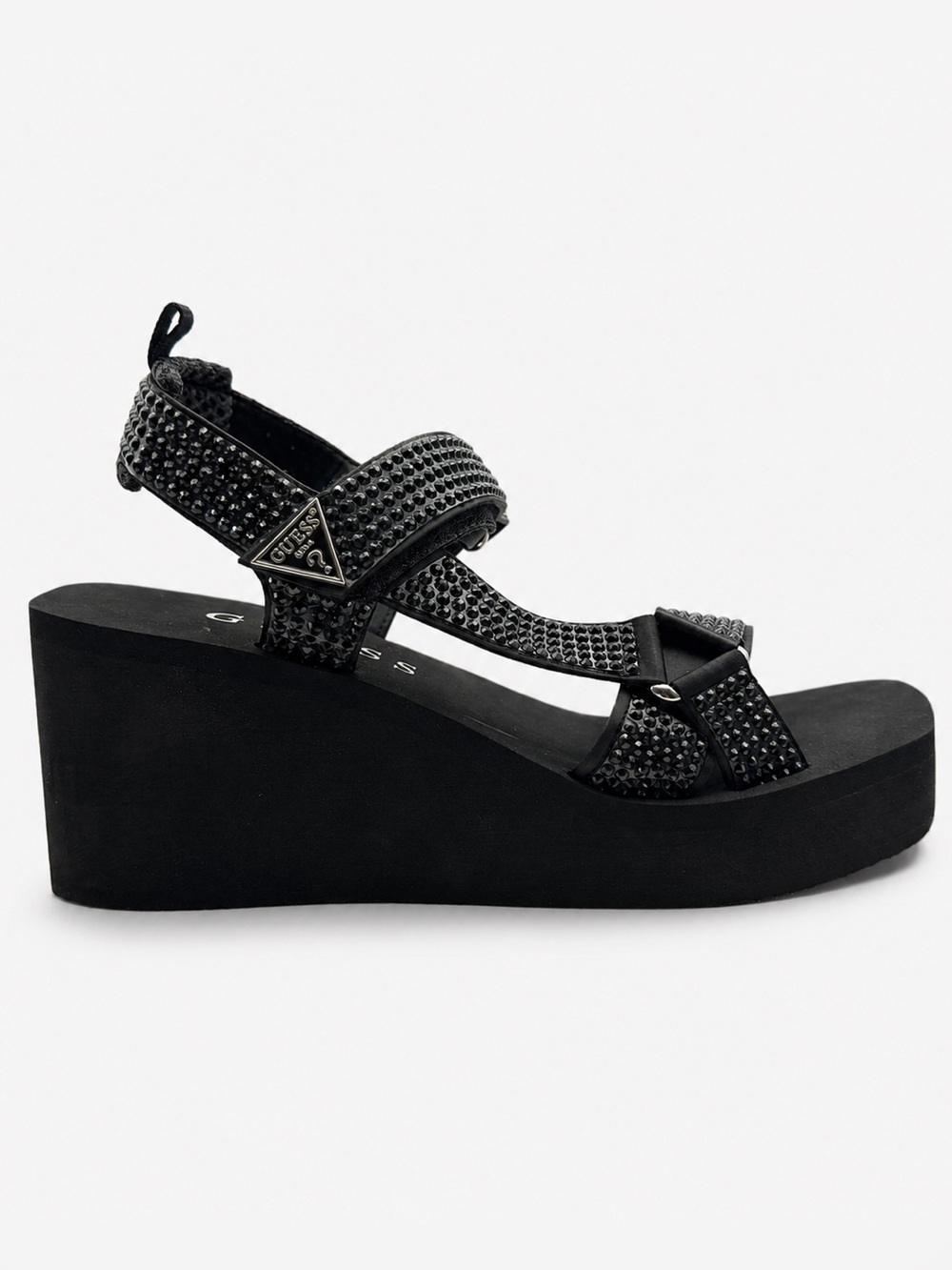 GUESS Dawsin Black Rhinestone Platform Wedge Sandals NIB Size 10 Sparkle